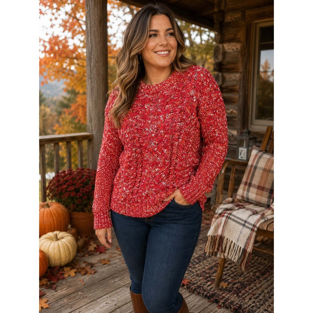 Goodthreads Womens Red Marbled Cable Knit Popcorn Bobble Sweater Large L Cozy